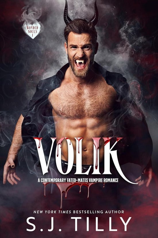 Een man met hoorns, vampierstanden en een bloedvlek op de titel VOLIK. A CONTEMPORARY FATED-MATES VAMPIRE ROMANCE