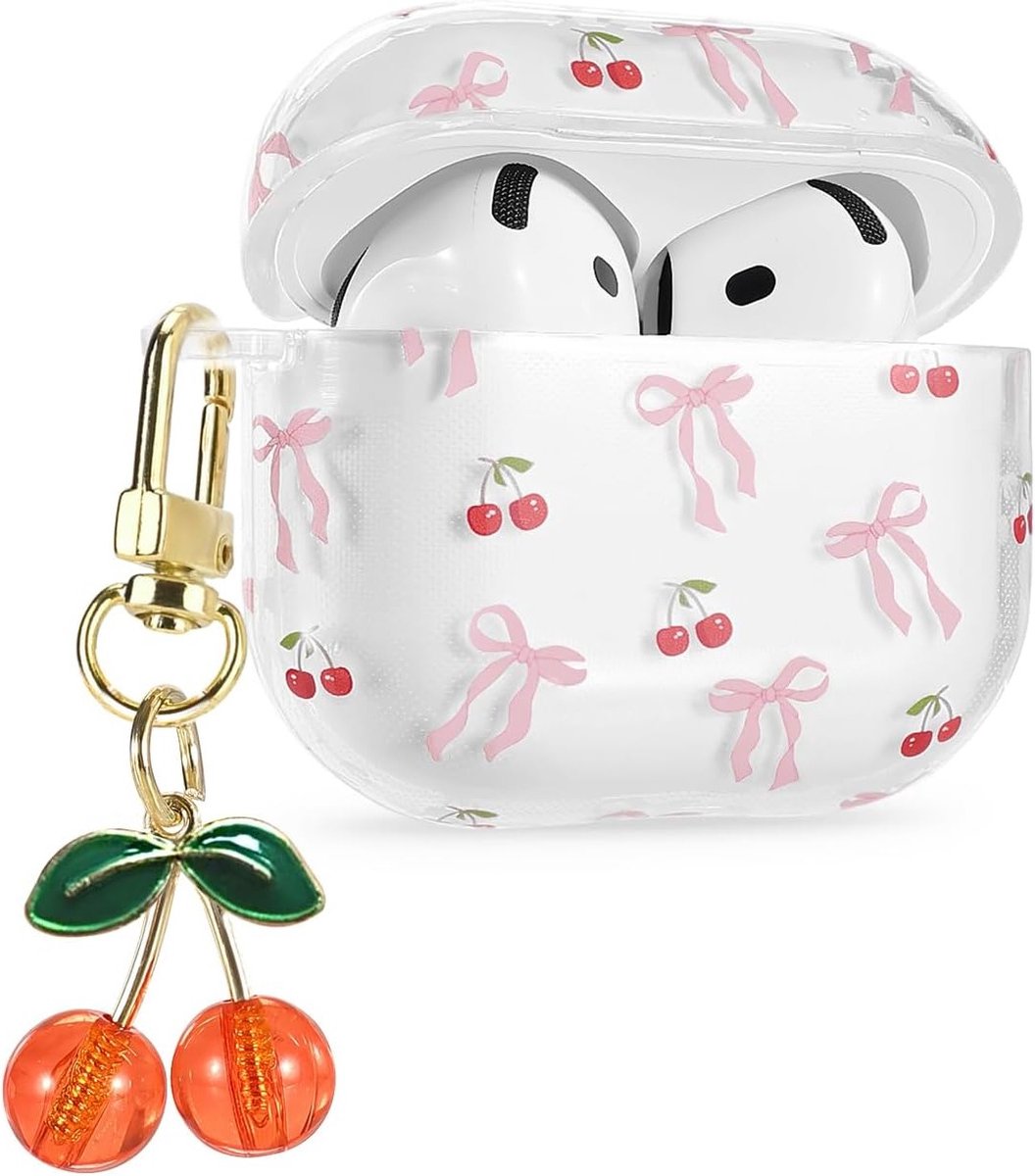 Ultra-dunne TPU beschermcase voor AirPods 4e generatie met sleutelhanger, schokbestendig, anti-slip en stofdicht met een roze kersenbloesem patroon voor vrouwen