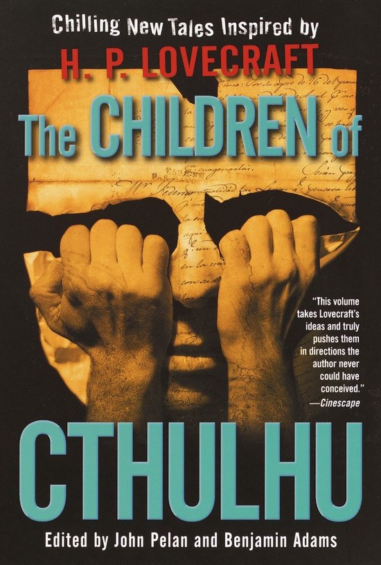 Boekomslag van "The Children of Cthulhu" met een man die zijn gezicht verbergt achter gescheurd papier. Titel in grote letters.