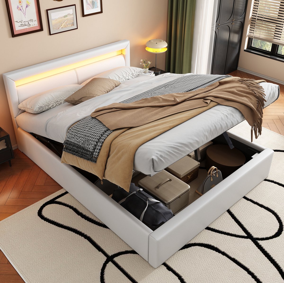 MEUNIQ gestoffeerd bed 140x200 cm met LED hoofdbord, lattenbodem en opbergruimte, tweepersoons bedframe voor slaapkamer, wit kunstleer White