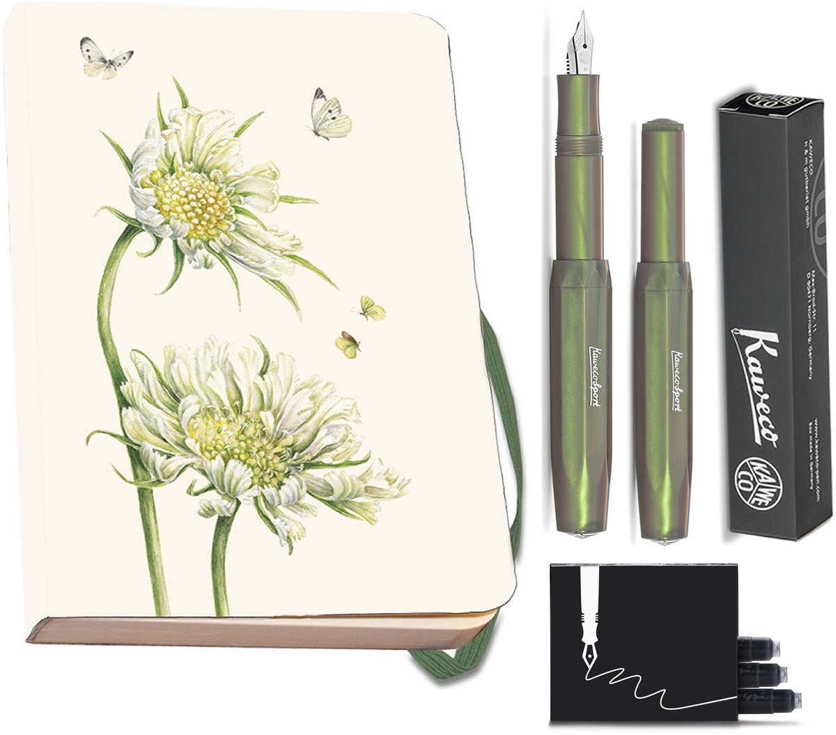 Kaweco - Bekking & Blitz - Schrijfwarenset - NOTEBOOK KLEIN 9,5X15 harde kaft groen - Vulpen Shadow Green Fine - Met doosje vullingen