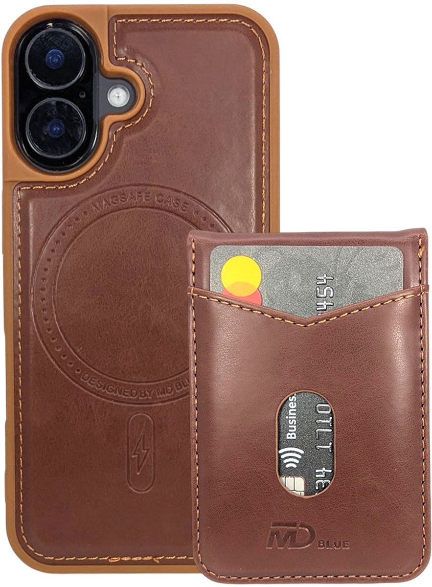 MDblue - Elegant Bruin Leren Hoesje geschikt voor Apple iPhone 17 - Magsafe compatible Draadloos Opladen - inclusief Pashouder - Bruin