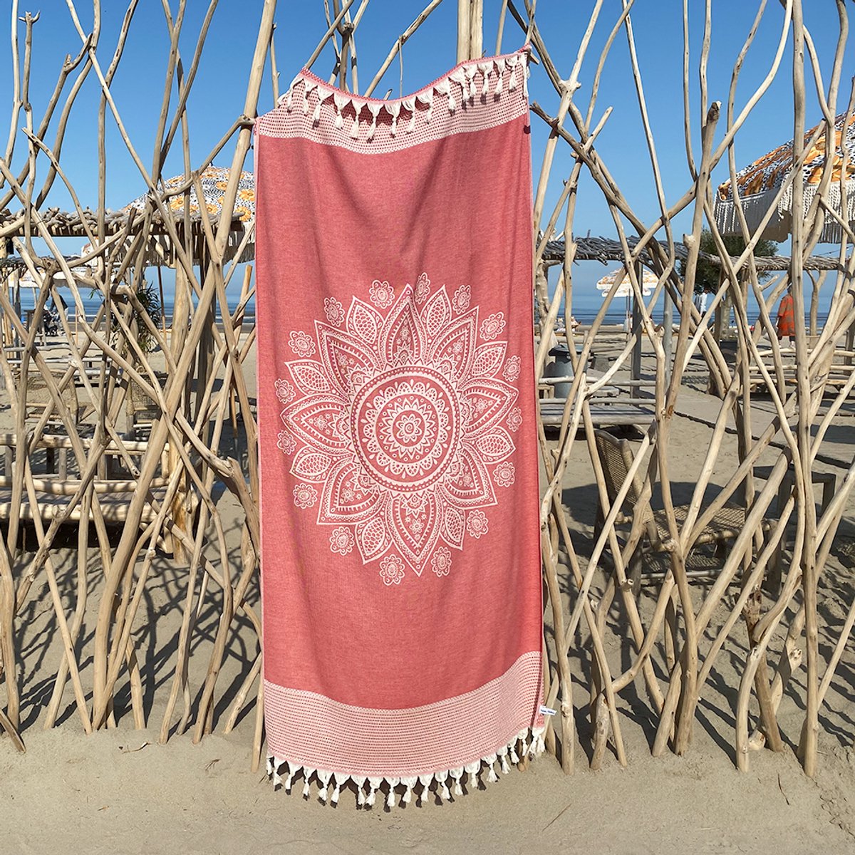 Fashion4wellness Hamamdoek Boho Samba Red FOUTA - STRANDLAKEN - SAUNADOEK - 200 X 95 CM KATOEN