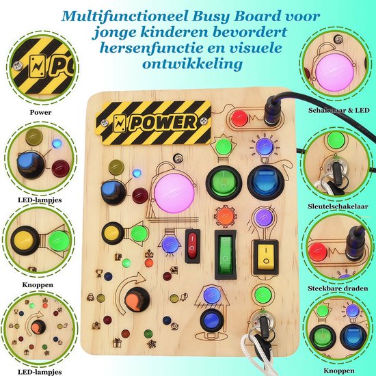 COOAU - Houten Busy Board met LED Verlichte Knoppen - Montessori Elektrische Schakelaar Sensorisch Spelbord voor Peuters - Fijne Motoriek Vroegonderwijs Leerspeelgoed voor Jongens Meisjes van Cooau — afbeelding 4