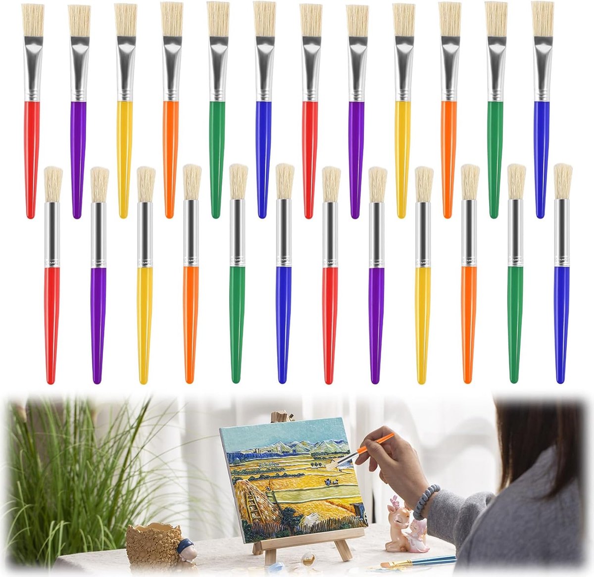 Thijox - 24 Stuks Grote Schilderkwasten Set, Ronde en Platte Punt, Kleurrijke Afwasbare Kwasten voor Beginners en Kunststudenten, Varkenshaar en Kunst