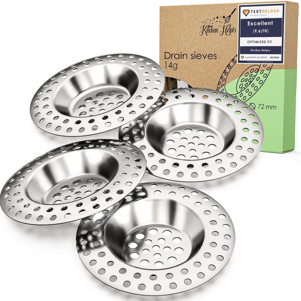 Thijox - Afvoerzeef set van 4, RVS afvoerzeefjes voor douche en keuken, 14 g metaaldouchehaarvanger, gootsteenzeefje, haarvanger en afvoerstop