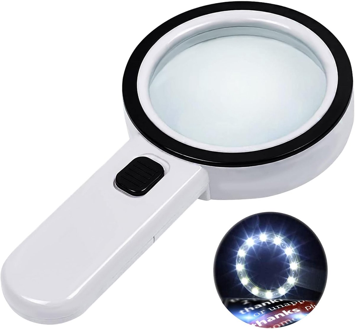 Thijox - Vergrootglas met 3-voudige vergroting en 12 LED's voor Lezen, Inspectie, Verkenning, Senioren, Juweliers, Kinderen, Wit, 90 mm Lens