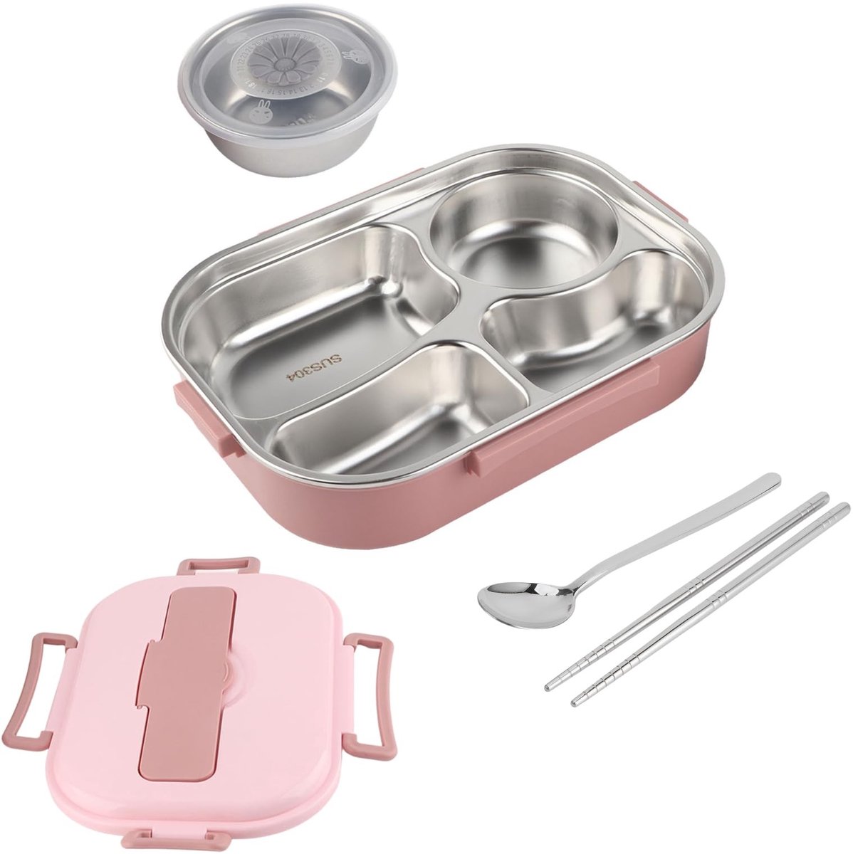 Dailygoods- Lunchbox Draagbaar - Roestvrij Staal - 4 Vakken - Soepschaal - Voedselcontainer Volwassenen - Inclusief Lepel