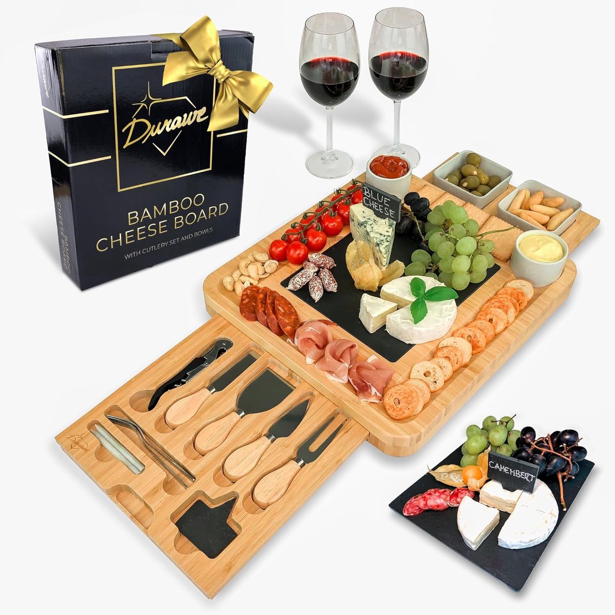 SnelShoppen - Bamboo Kaasplank en Mes Set met Keramische Schalen en Kurketrekker, 100% Organisch Hout, Perfect voor Borrelplank, Feestdagen, Verjaarda