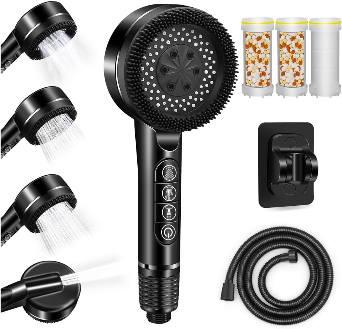 SnelShoppen - High Pressure Douchestraal met Filter, 5 Spray Modi, Antikalk Douchekop, 1.5 m Douche Slang, Zwart - Gezonde en Verfrissende Douche Erva