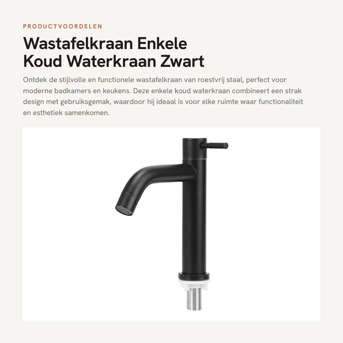 Dailygoods- Wastafelkraan Roestvrij Staal - Enkele Koud Water Kraan - Zwart - Handvat 7,5 cm - Bereik Tuit 12,5 cm - Luxe Afwerking - Waterkraan