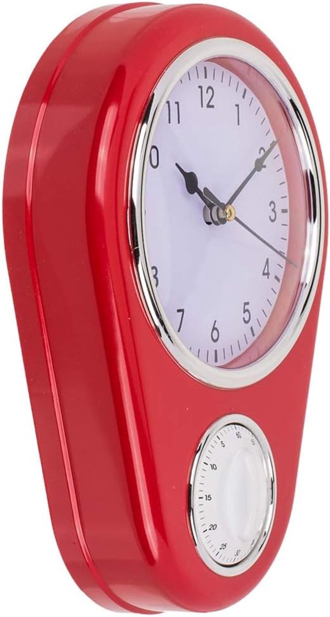 SnelShoppen - Retro Keuken Wandklok Vintage Tijdsweergave met 60 Minuten Keukentimer (Rood) - Perfect voor Koken, Bakken en Etenstijden