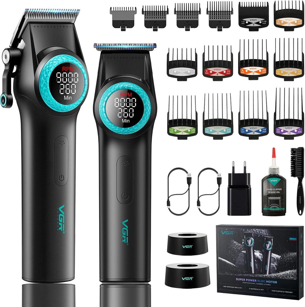 Thijox - Professionele Draadloze Tondeuses voor Mannen, Trimmer Set met DLC Coating Mes, Spot LED-Lamp, USB Oplaadbaar, Oplaadstandaard, Zwart - Perfe