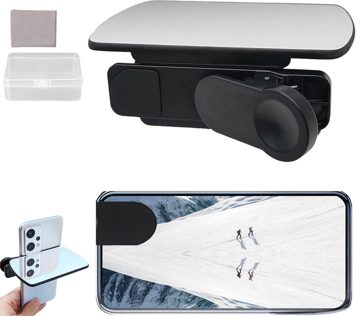 Dailygoods- Spiegelreflectie-clipset - Mobiele Telefoon Spiegel - Draagbare Selfiespiegel - Hoogwaardig Kunststof - Inclusief Stofdichte Doek - Voor Unieke Foto's