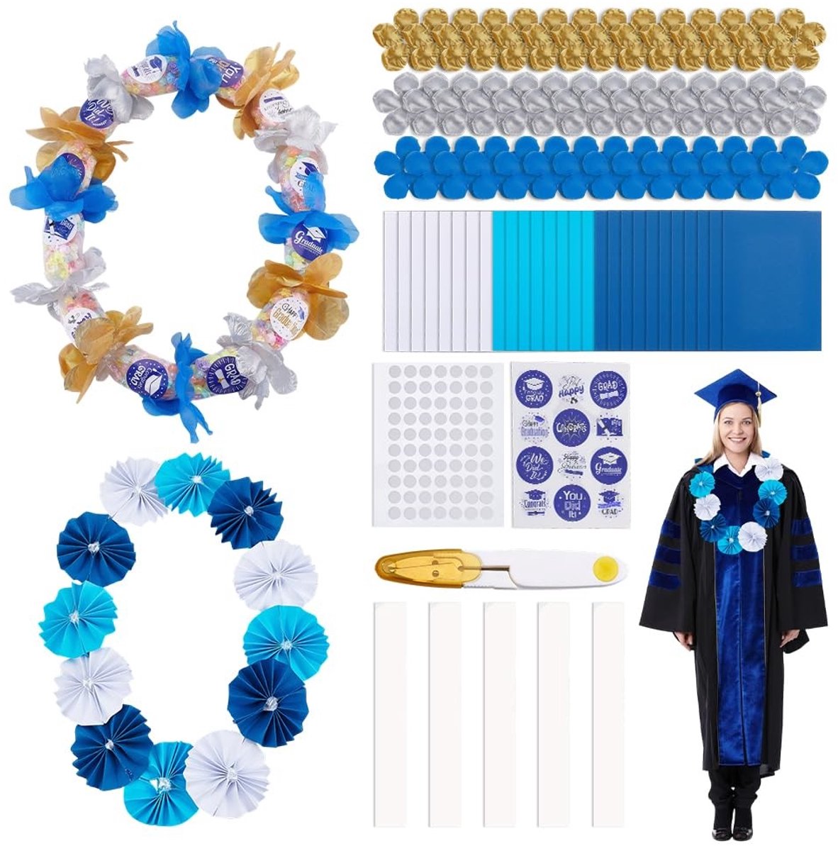 Dailygoods- Afstudeer Lei Set - 8 Stuks Kunstmatige Bloemblaadjes - 3 Kleuren - Craft Paper - Opbergzakken - Schaar - 45 Stuks - Afstudeeraccessoires
