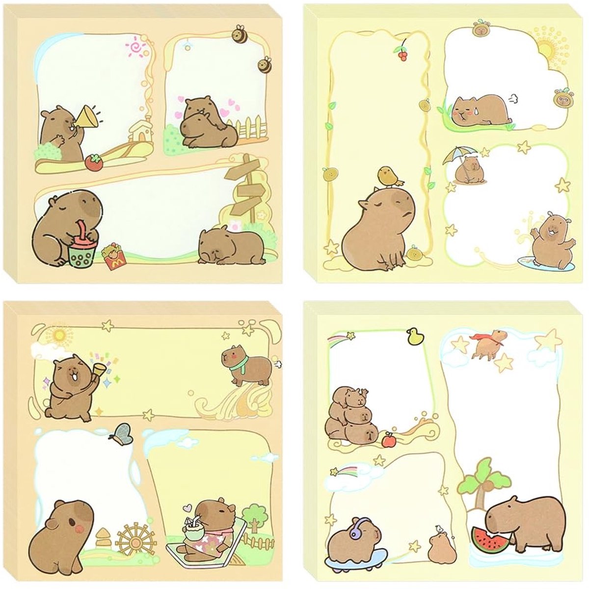 Dailygoods- Sticky Notes 400 Stuks - Kawaii Capibara Sticky Tabs - Zelfklevende Pads - Schattige Memonotities - Kantoorschool Benodigdheden - 4 Ontwerpen - Plaknotities