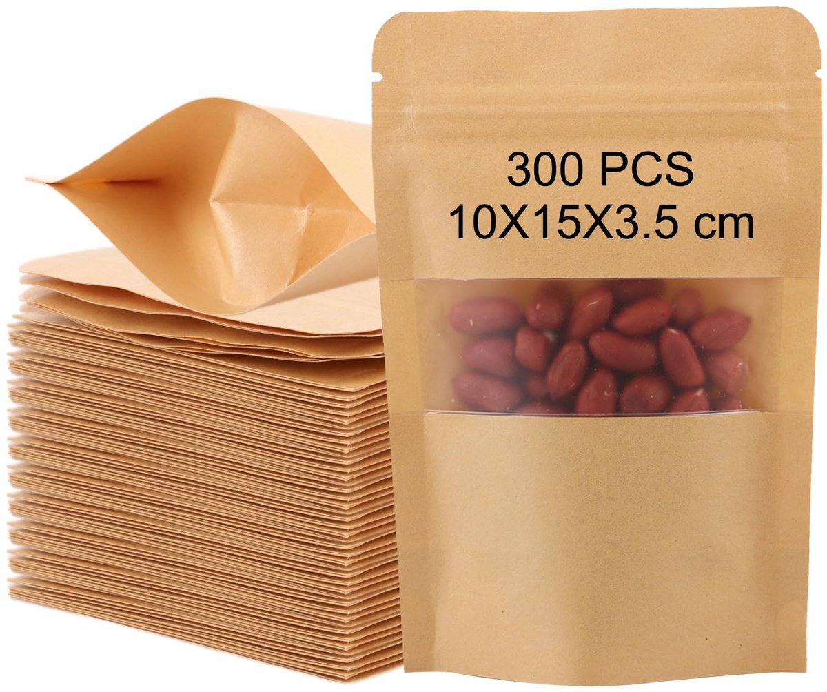 Dailygoods- Papieren Zakken 300 Stuks - Papieren Zakken Bruin - Papieren Zakken met Venster - Voedselveilig Kraftpapier - Luchtdicht - Herbruikbaar - Voedselzakjes