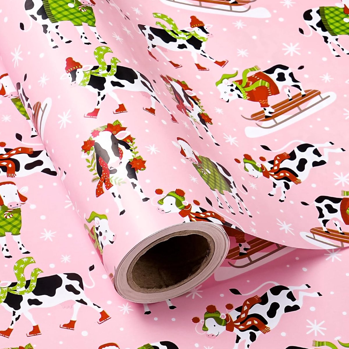 Thijox - RUSPEPA Koe Kerst Inpakpapier Mini Roll 43,2 cm x 10 m - Roze Winter Kerst Koe Inpakpapier voor Feest, Cadeau, Kerstmis, Verjaardag