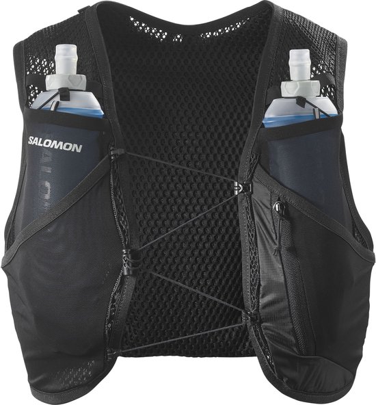 Zwart Salomon Active Skin 4 loopvest met mesh-structuur en twee waterflacons op de voorzijde.