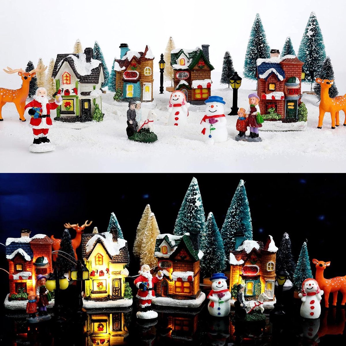 Kerstdorp Decoratie Set - Miniatuur Huisjes - Wintertafereel Creëren - Verlicht met LED - 28 Delig - Multicolor – foto 8