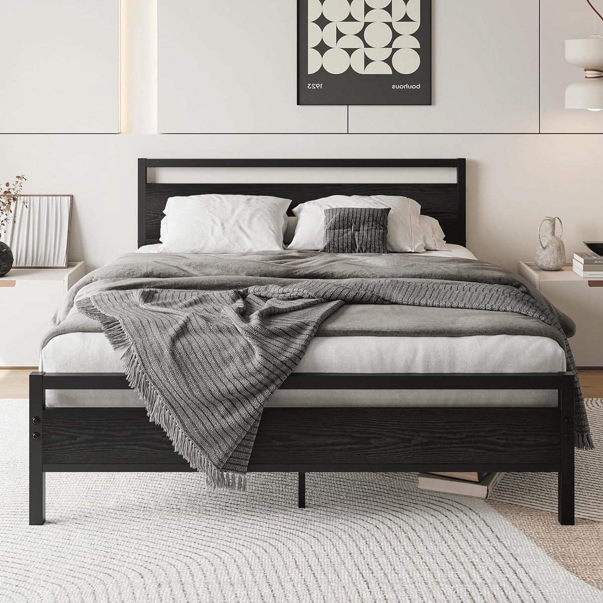 Bedframe met lattenbodem - Tweepersoonsbed metaal - Slaapkamer inrichting - Geluidsvrij ontwerp - 140 x 200 cm - Zwart