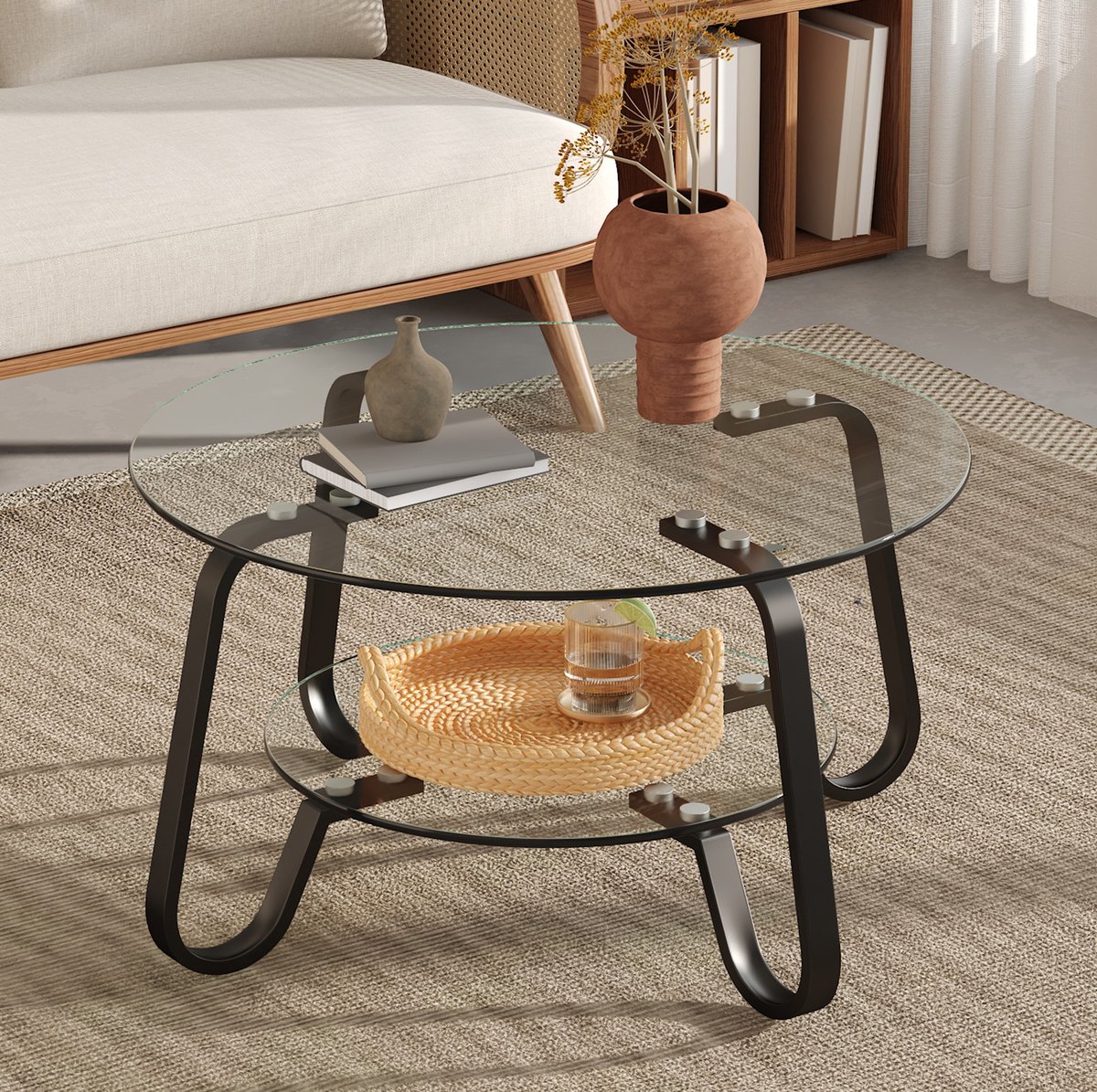 MIVRAY Salontafel - Ronde Tweelaagse Tafel Van Veiligheidsglas Met Metalen Frame - Voor Woonkamer - Zwart - 80 x 45 cm