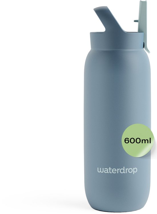 Gourde thermos bleu-gris de 600 ml avec bouchon et paille vert clair.