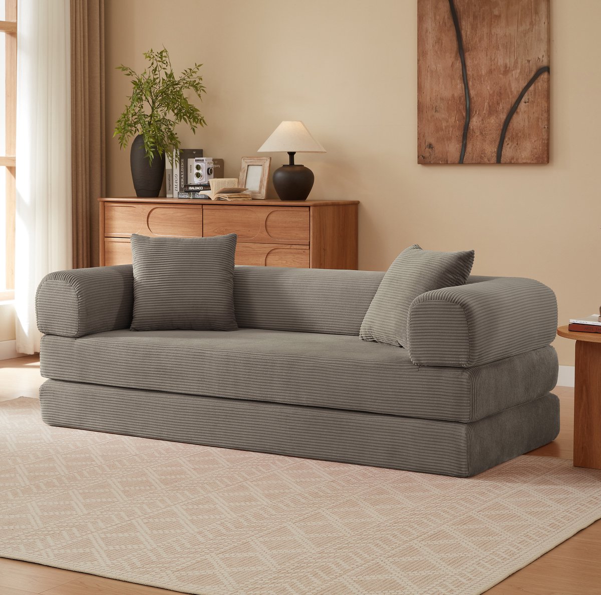 FloraGrace Slaapbank 195 x 89 cm - 3-Zits Uitklapbare Bank Met Slaapfunctie - Modulair Voor Woonkamer En Slaapkamer - Velours - Taupe