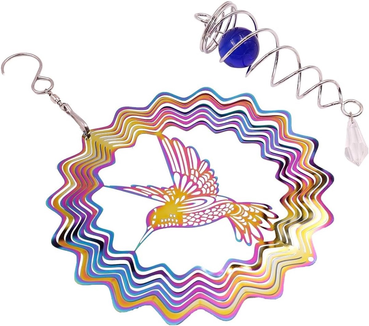 3D Metalen Hummingbird Wind Spinner met Spiral Tail en Staring Ball - Kinetische Tuindecoratie voor Binnen en Buiten, Windgong en Tuinornament