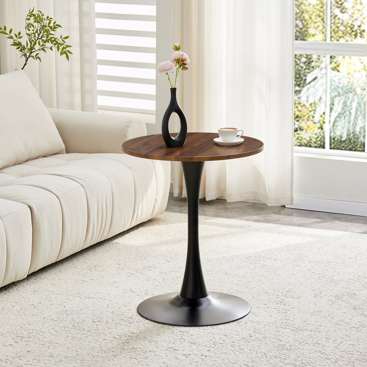 MIVRAY Bijzettafel - Ronde Tafel Met Walnootlook En Metalen Voet - Voor Woonkamer En Eethoek - MDF En Metaal - 60 x 72 Cm - Zwart