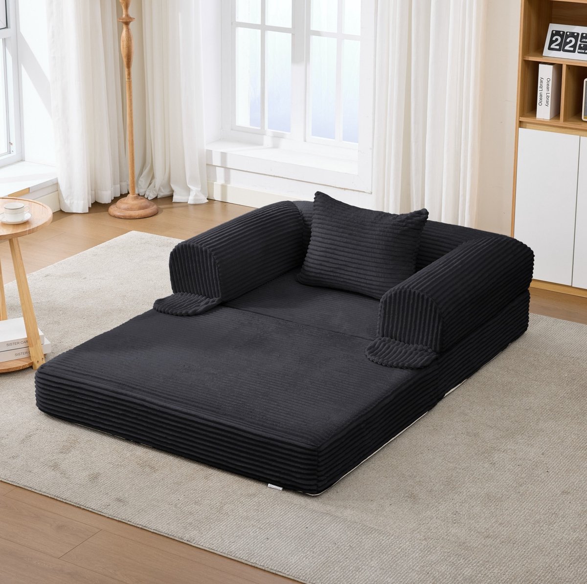 FloraGrace Fauteuil Eenpersoons Uitklapbaar Slaapsofa Met Kussen Voor Woonkamer Slaapkamer En Appartement Ribfluweel Zwart