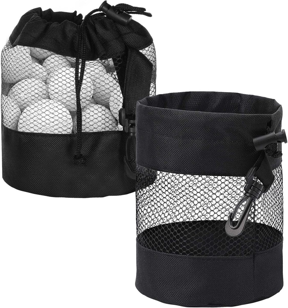 2 Stuks Golf Ballen in Nylon Mesh met Trekkoord, Zwart, 14cm x 14cm x 16.5cm, Ideaal voor Golftraining en Oefeningen