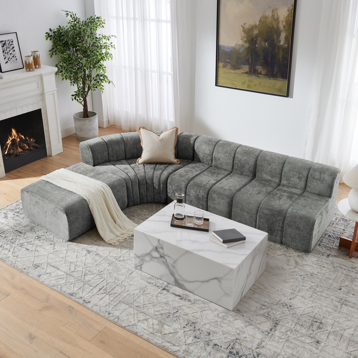 FloraGrace Hoekbank – 4-Zits Modulair Ontwerp – Vrij Combineerbare Elementen Met Multifunctionele Modules – Voor Woonkamer – Chenille – Grijs