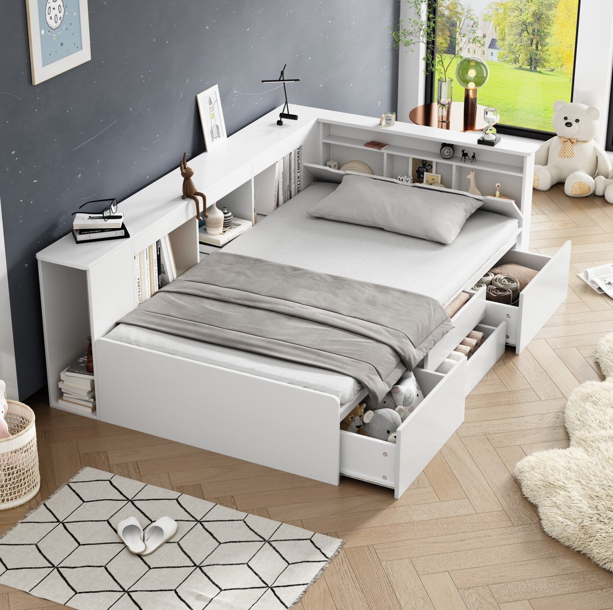 MEUNIQ Kinderbed 90x200 cm met 4 lades, boekenrek, opbergkast en lattenbodem, eenpersoons bedframe met opbergruimte voor de kinderkamer, wit