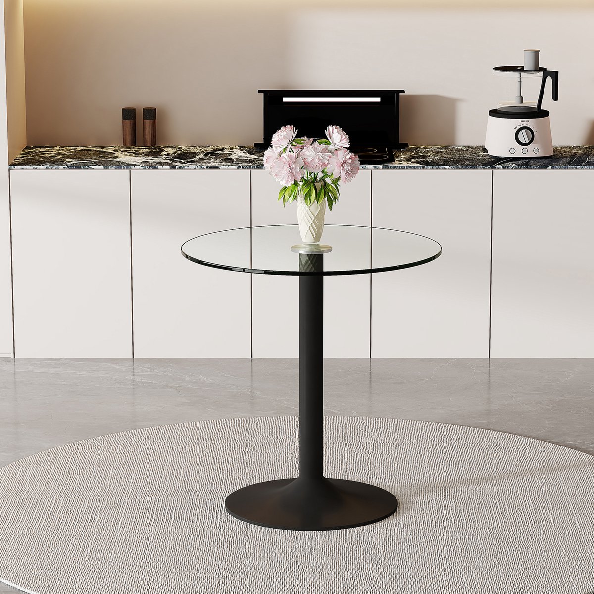 STILVORA Bartafel - Ronde Glazen Tafel Met Stabiele Metalen Voet - Voor Woonbar En Lounge - Glas En Metaal - 89x89x92 Cm - Zwart; Transparant