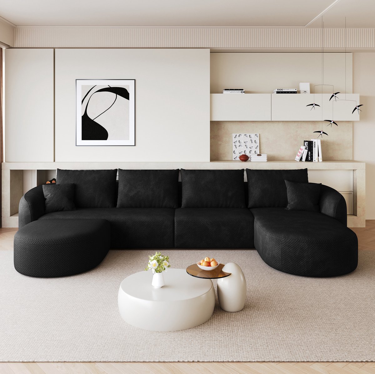FloraGrace U-Bank 336 Cm - 6-Zits Modulaire Hoekbank Zonder Montage - Zachte Chenille Bekleding Voor Woonkamer of Slaapkamer - Zwart