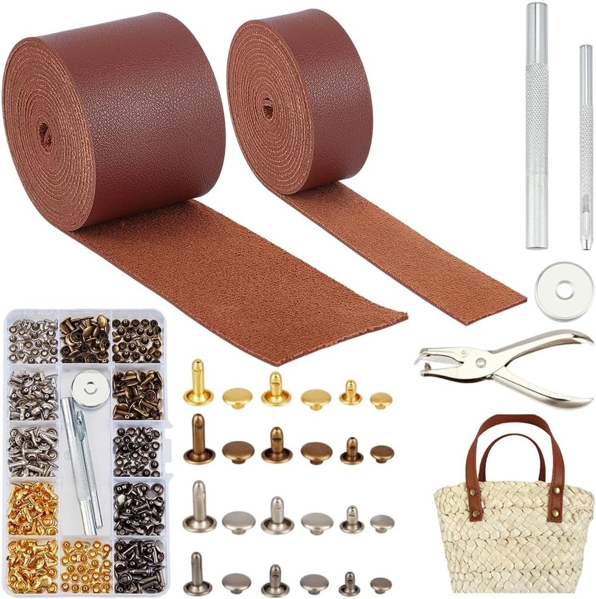Lederen Bandjes en Klinknagels Set voor Ambachten - 364 Stuks voor DIY Tassen en Reparaties, 1/2 Inch Breed, 4 Meter Lang
