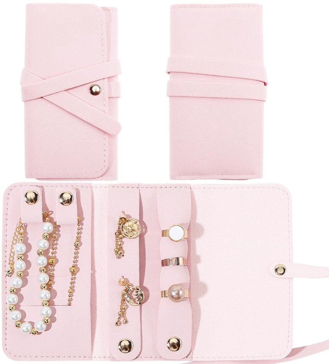 Inovra - PU Lederen Reizen Sieraden Tas Roll Draagbare Oorbel Opslag Organizer Case Klittenvrij Mini Roll-Up Sieraden Pouch voor Vrouwen Gift Kettingen Oorbellen Ringen Armbanden (Roze)