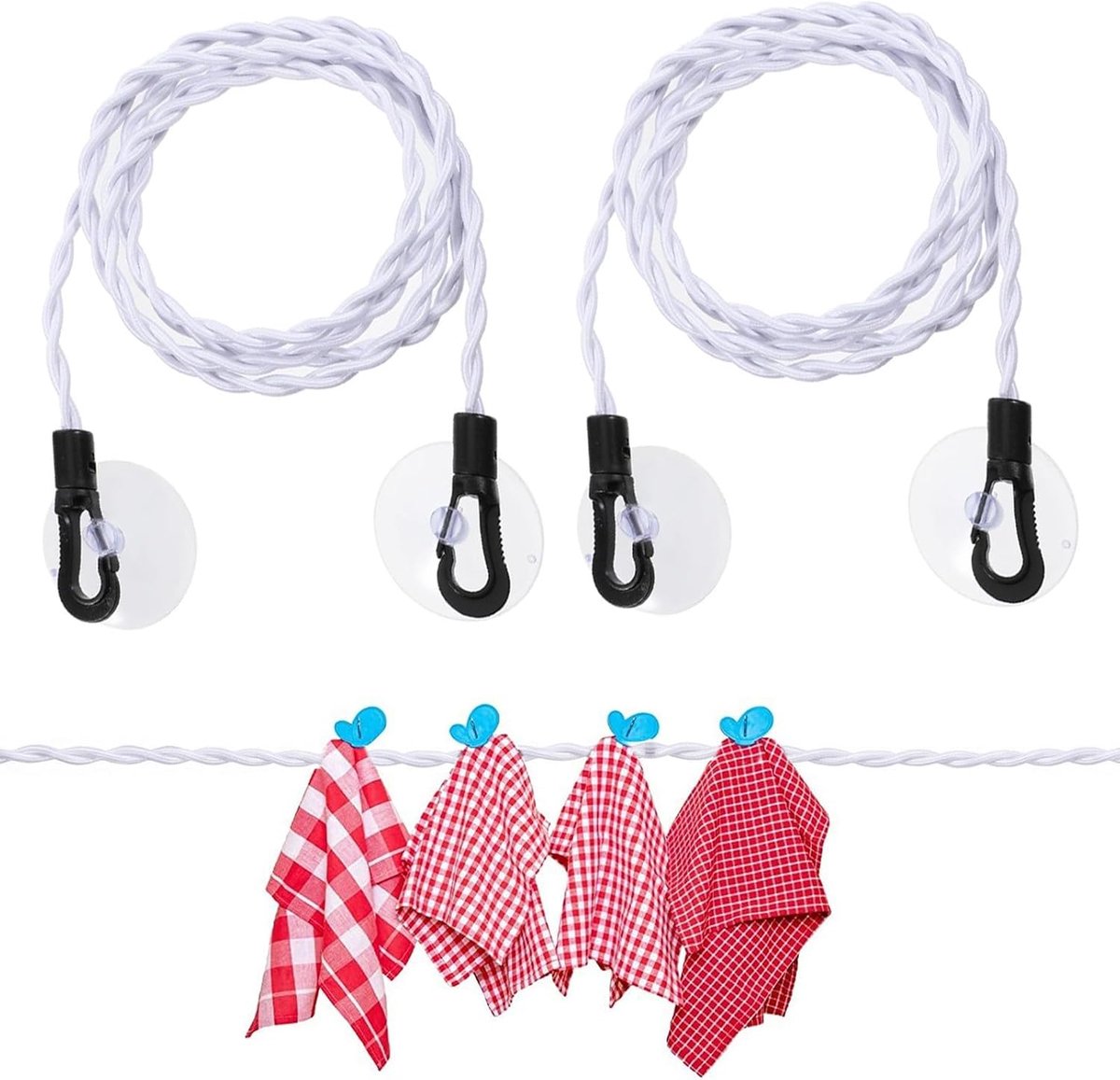 Thijox - Reiswaslijn 2 stuks, draagbare waslijn met haak en zuignap, campingaccessoires voor binnen en buiten, ideaal voor reizen, vakantie, outdoor,