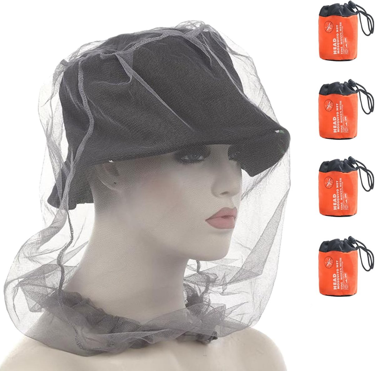 SnelShoppen - Mosquito Net (4-pack) met Draagtas, Insectenbescherming, Gezichtsbescherming voor Buitenactiviteiten, Zwart Gaas voor Optimale Zichtbaar