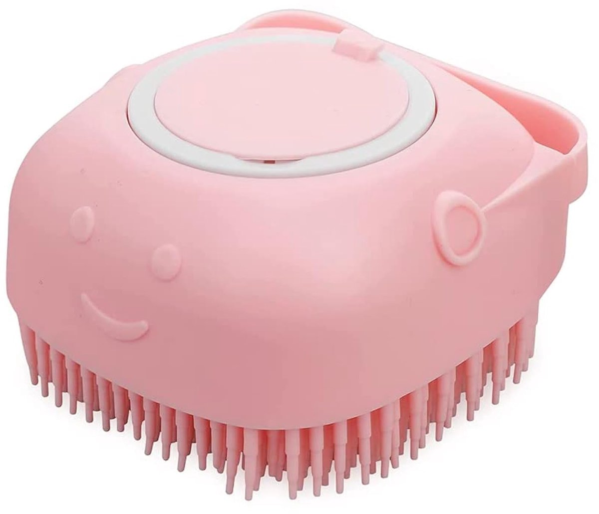 OLOEY Siliconen Wasborstel voor Honden en Katten met Shampoo Dispenser – Zachte Massageborstel – Nat en Droog – Verwijdert Losse Haren - Roze