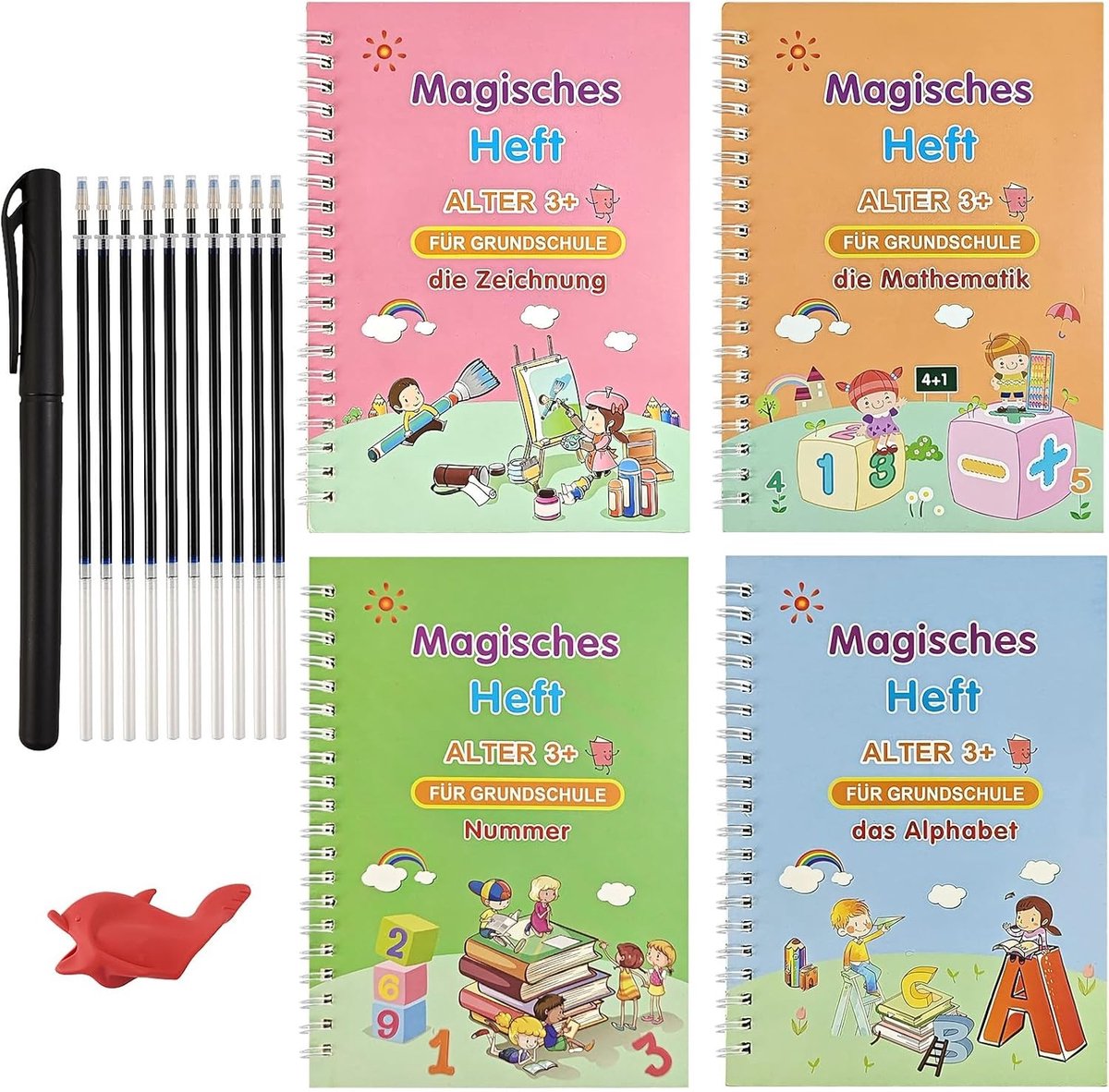 Set van 4 Herbruikbare Schrijfpennen met Magische Oefenschriften voor Kinderen - Ideaal voor Calligrafie, Wiskunde en Creatief Tekenen 19 x 13 cm