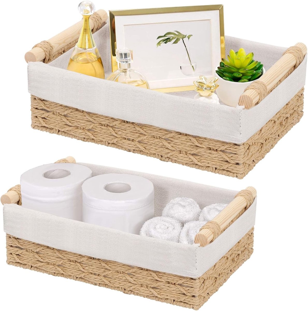 2 Stuks Gevlochten Opbergmanden - Decoratieve Organizer Manden voor Badkamer, Keuken en Thuisgebruik (Beige)