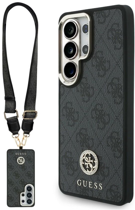 Zwarte Guess telefoonhoes met logo-print, zilverkleurige gesp en "GUESS"-opschrift. Inclusief bijpassende polsband.