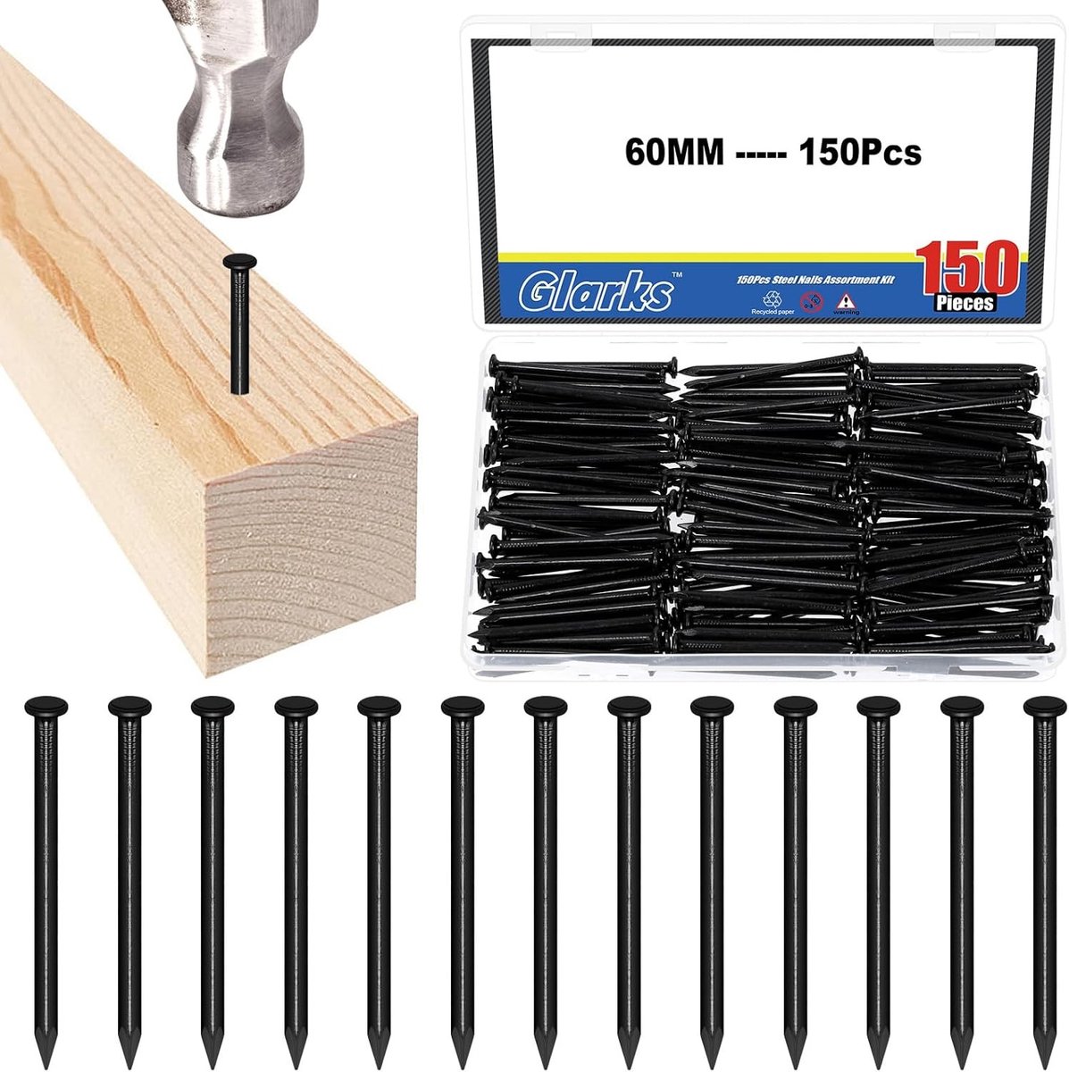 150 stuks 60mm metselstaal spijkers set, zwarte koolstofstalen afwerkingsspijkers, ideaal voor hout en gipsplaten