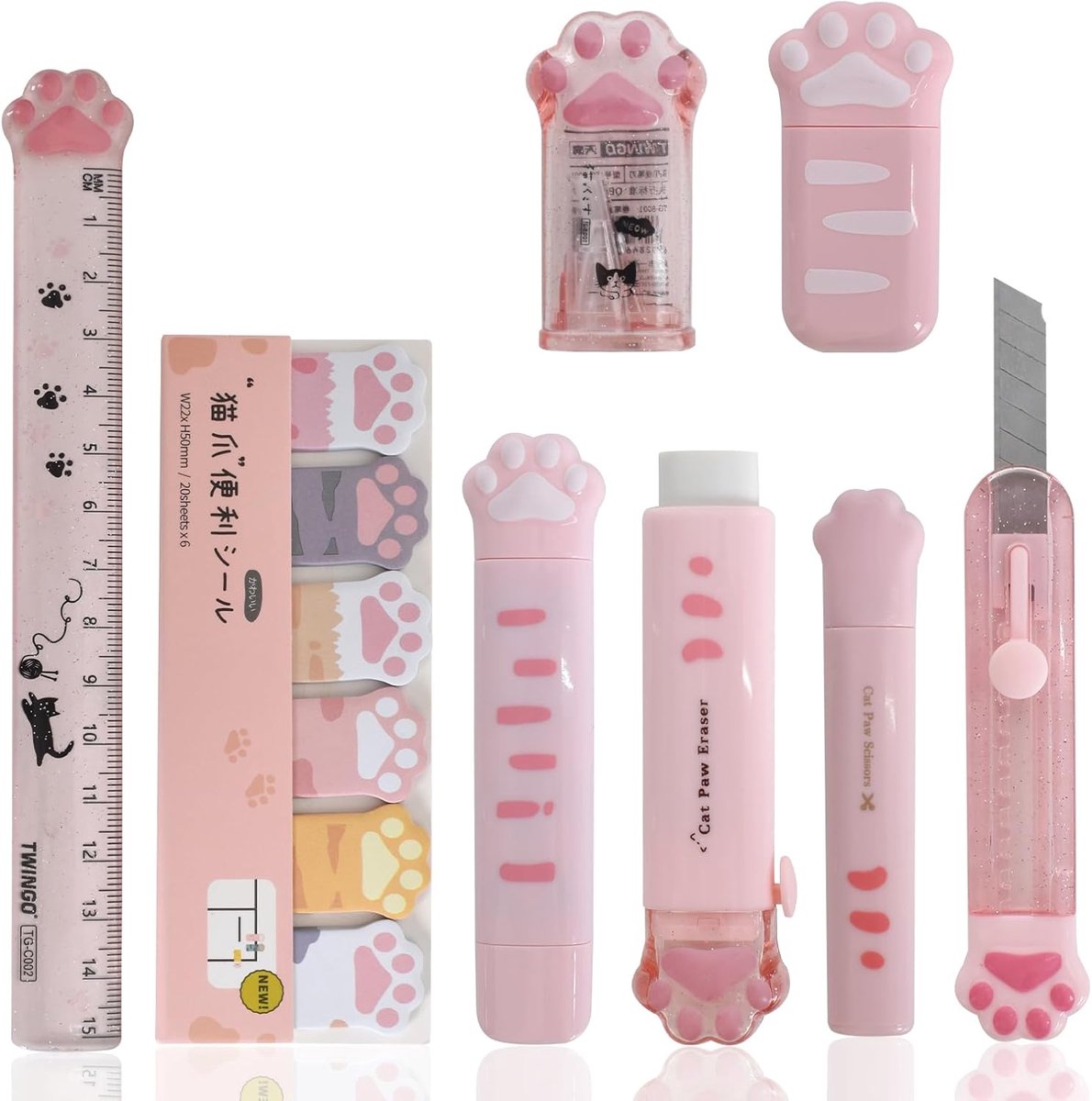 Thijox - Schrijfwaren Set 9 Stuks - Schattige Kattenpoten - Roze Cartoon Potloodslijper, Intrekbare Gum, Correctie Tape, Liniaal, Mini Schaar, Zelfkle