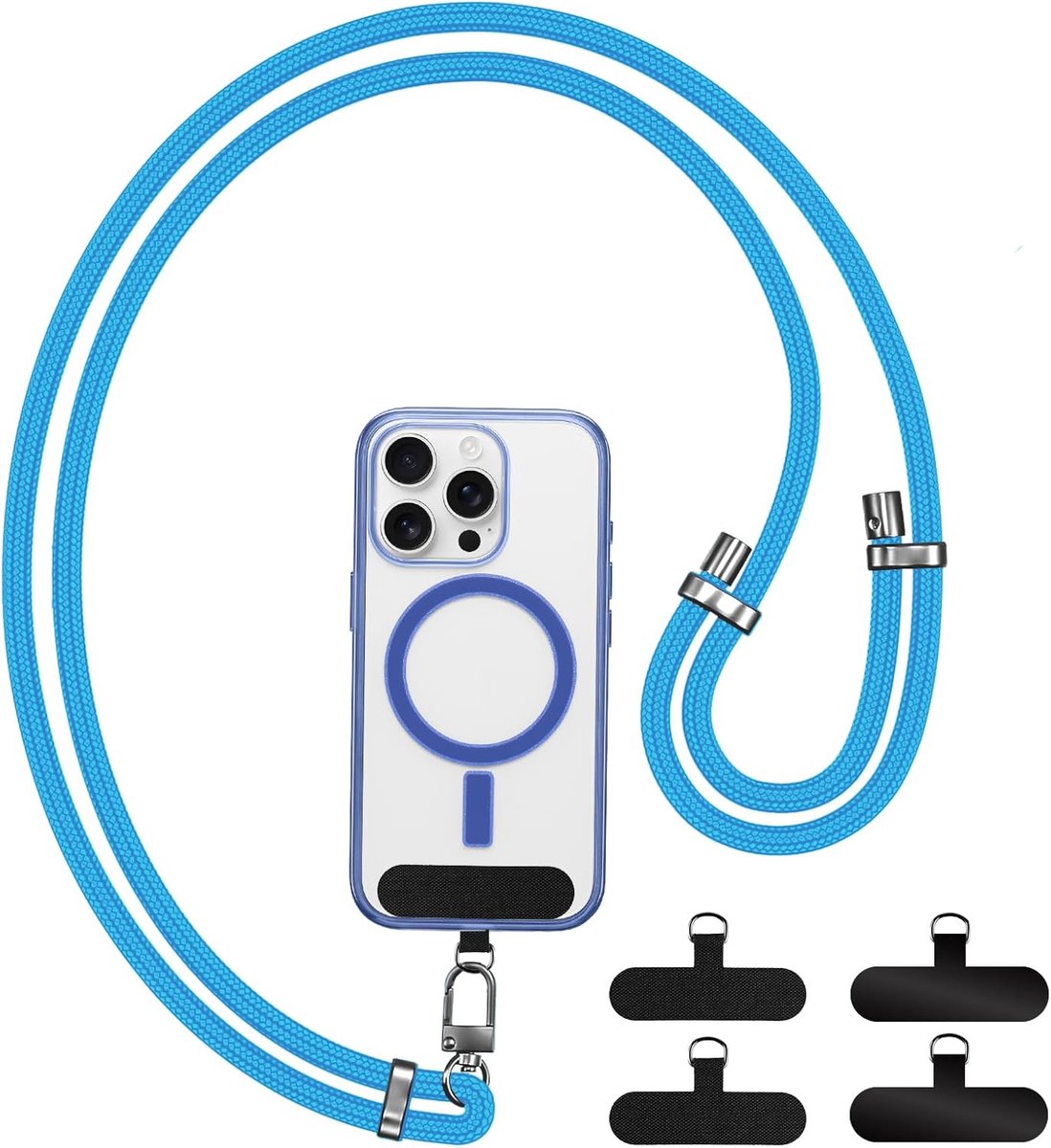 Thijox - Universele Telefoonlanyard Verstelbare Nylon Telefoonband met 4 Patches Compatibel met Alle Smartphones Met Hoesjes Kobaltblauw Voor Buitenac