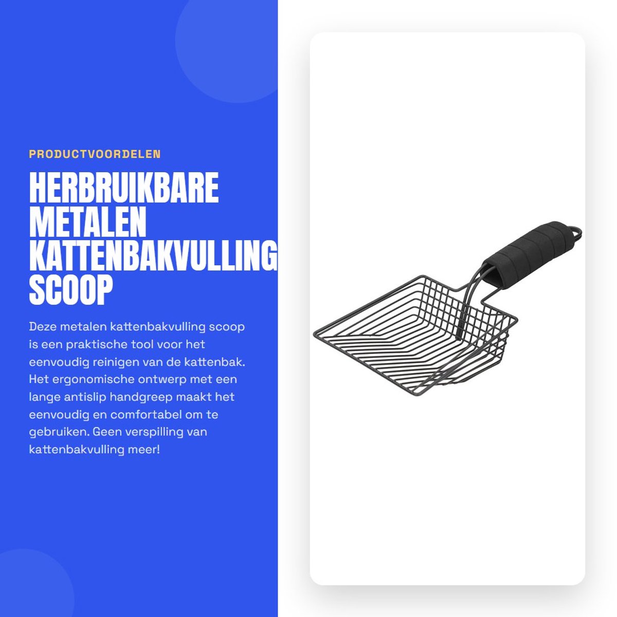 Inovra- Kattenbakvulling Schep - Herbruikbare Metalen Schep - Antislip Handgreep - Ergonomisch Ontwerp - 35 x 16 cm - Multifunctioneel - Kattenbakschep