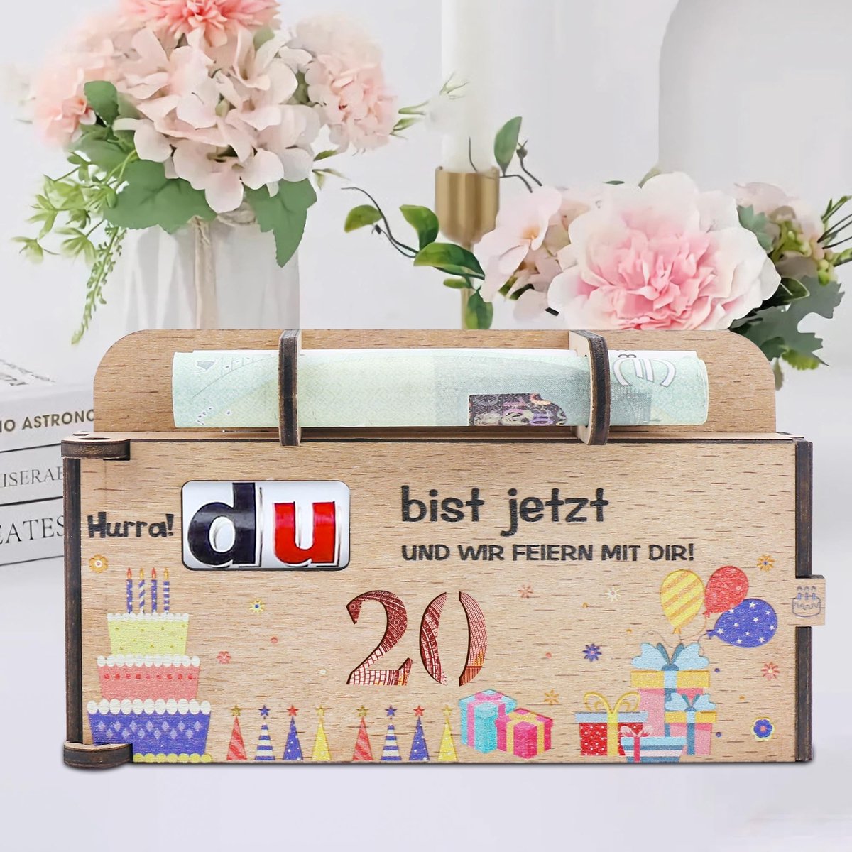 Inovra- Geldgeschenk Origineel Houten - Geschenkdoos 20e Verjaardag - Duplo Chocoladereep - Decoratie - Cadeau voor Vrouwen/Mannen - Hoogwaardige Kwaliteit - Verjaardagscadeau