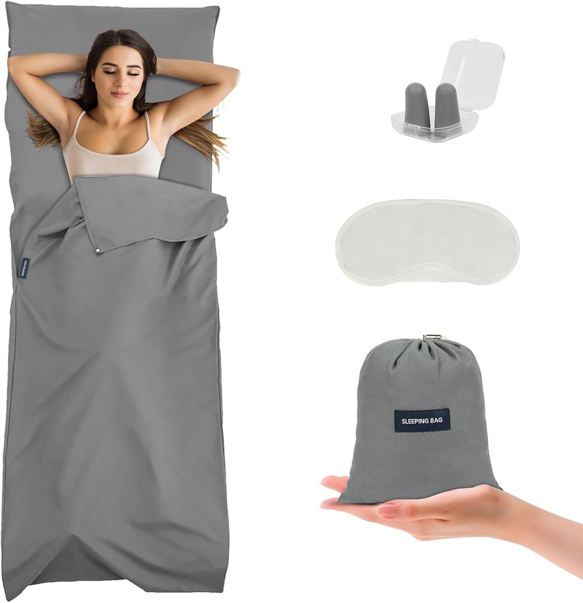 Lichtgewicht Slaapzak met Kussencompartiment 210x75cm voor Camping, Reizen en Hotels - Grijze Polyester Beddegoed